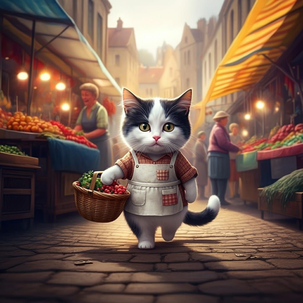 Cute Cat in Traditional Market Scene, Hyperrealist Style
