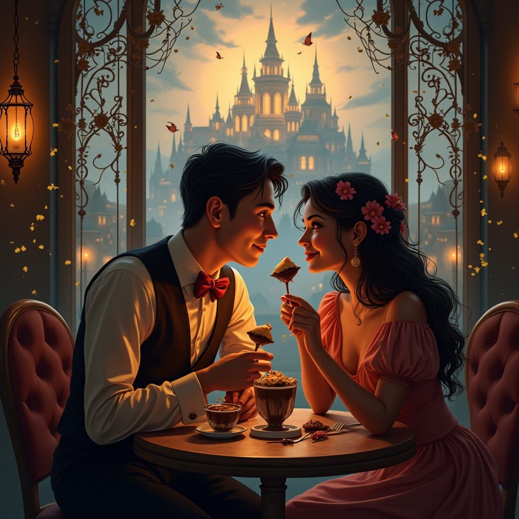Enchanted Night Cafe with Whimsical Couple