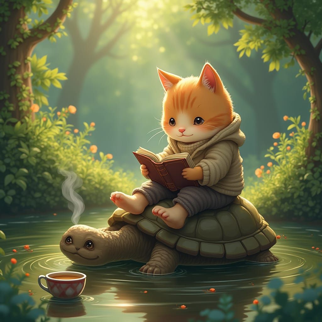 Cat Reading on Turtle Shell in Anime Style