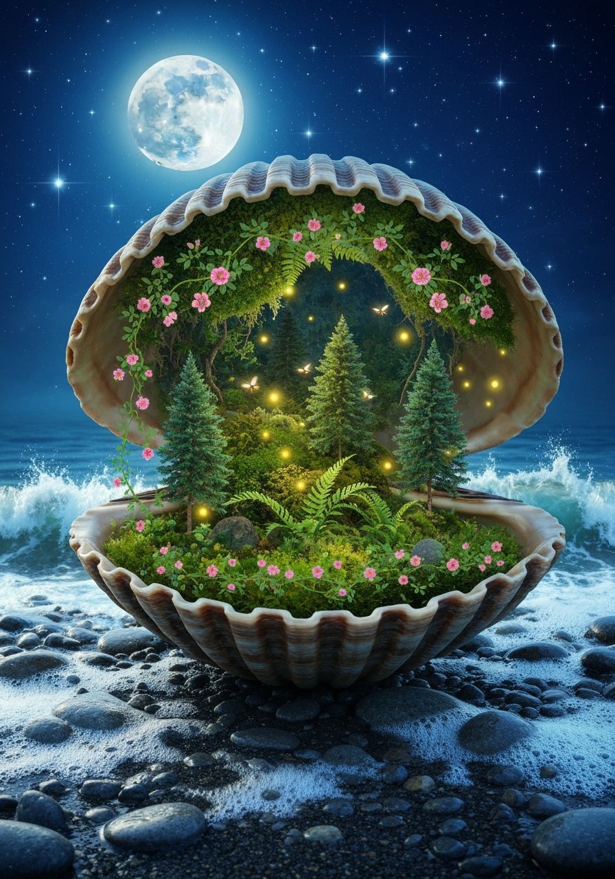 Enchanted Forest Inside Seashell Under Moonlight