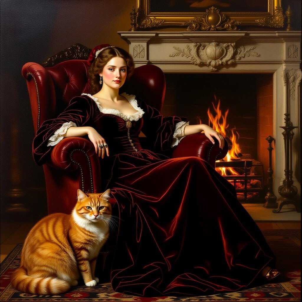 Baroque Woman and Cat by Fireplace