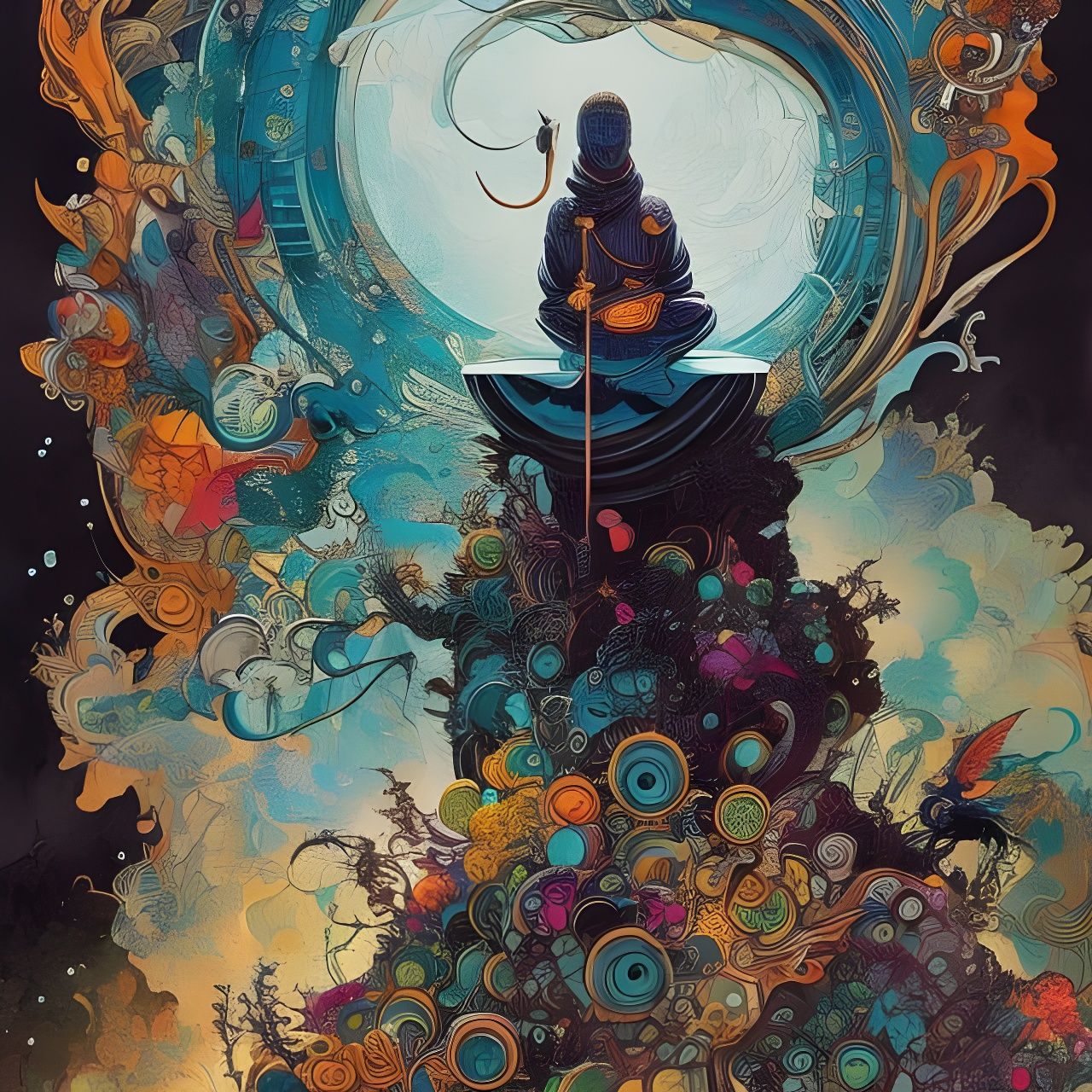 Monk Meditating in Intricate Borderlands Style