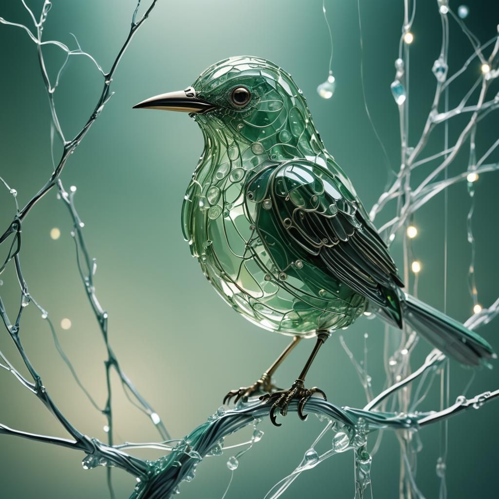 Hyper realistic circuit+board bird, on a branch, crystal gla...