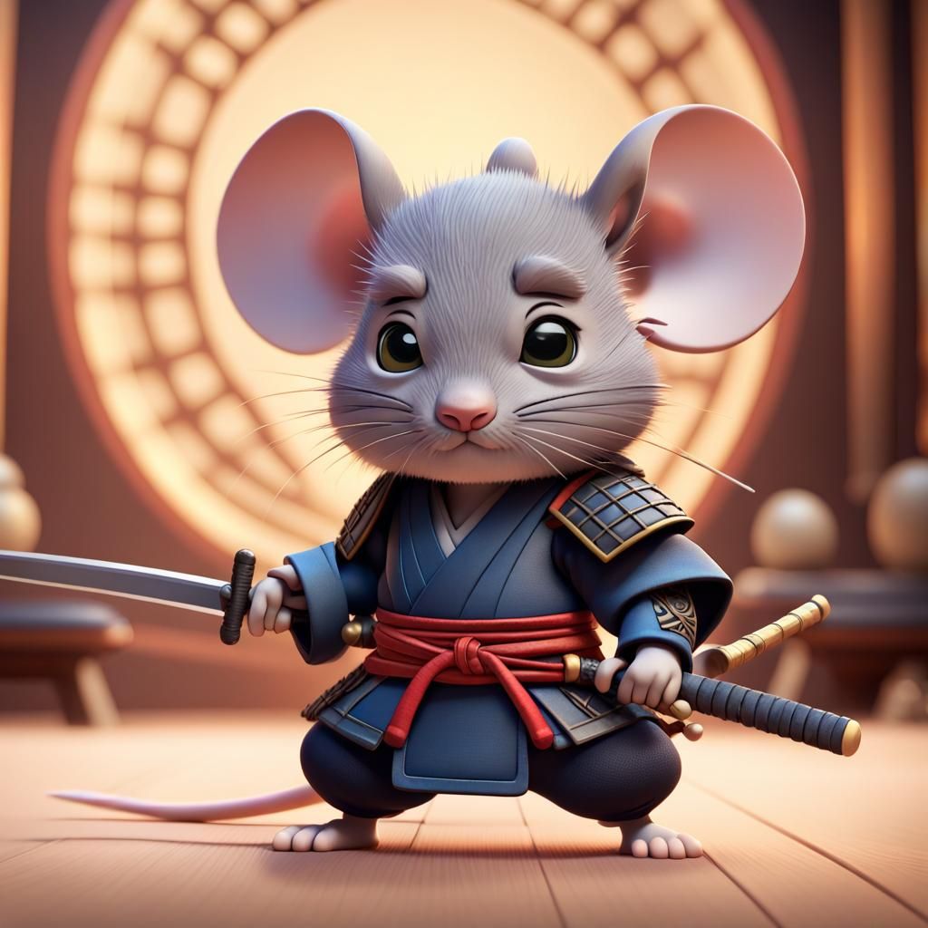 chibi-style mouse dressed as a samurai, wielding a tiny swor...
