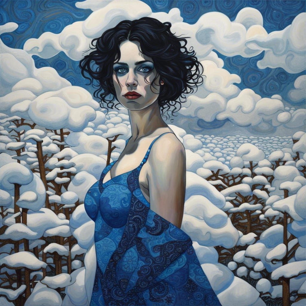 Blue-Themed Portrait in Snowy Landscape, Hyperrealistic Styl...