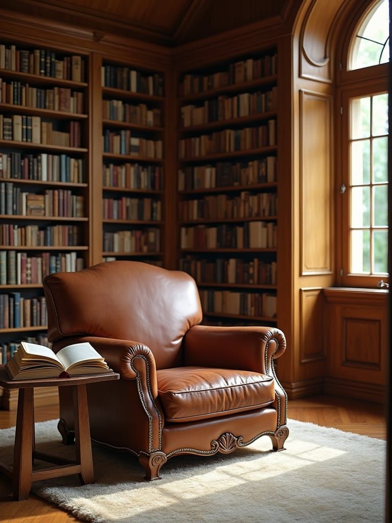 Inviting Reading Room with Leather-Bound Books