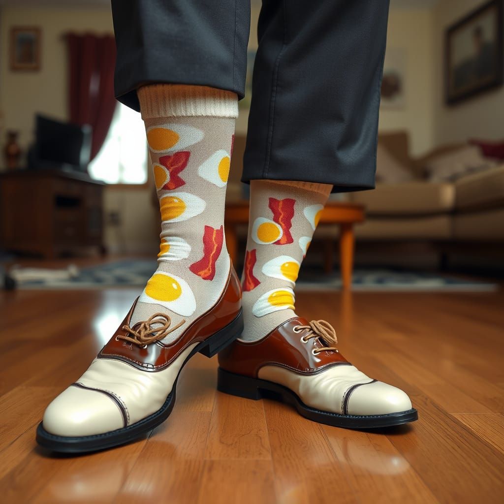 Man in Vintage-Style Socks with Egg and Bacon Design