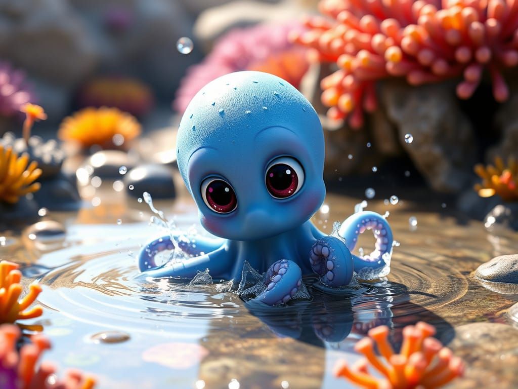 Whimsical 3D Baby Octopus in Shallow Tide Pool