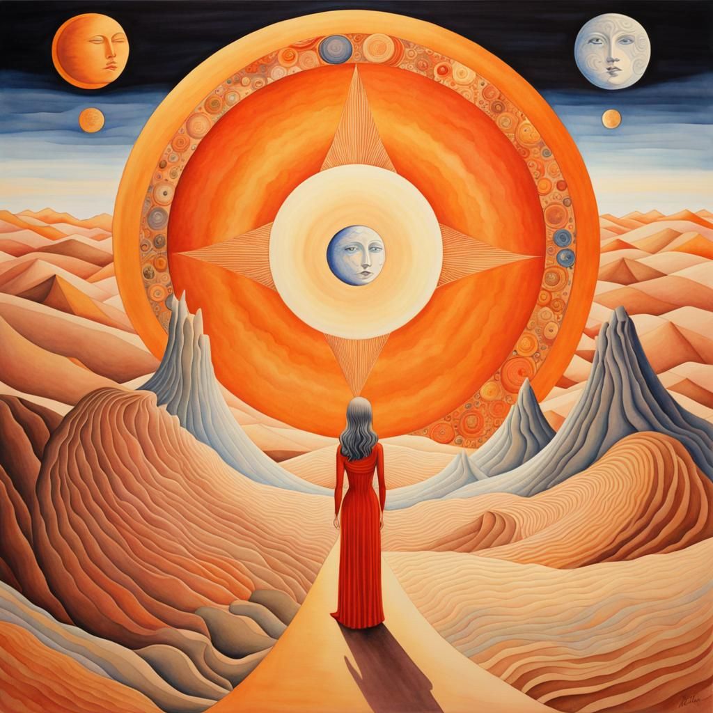 Desert Woman with Sun and Moon, Watercolor Style