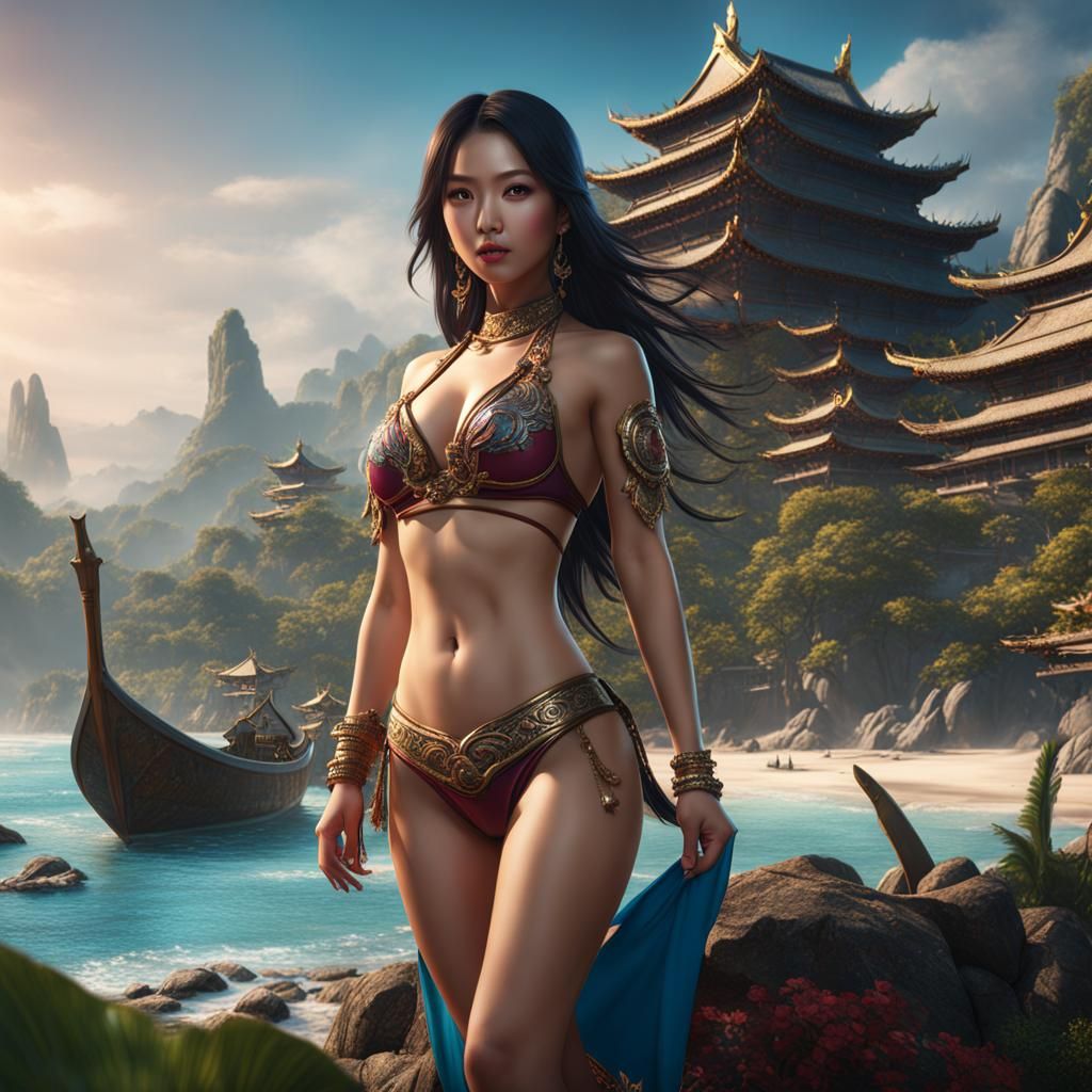 Asian Girl in Bikini: Detailed Fantasy Concept Art