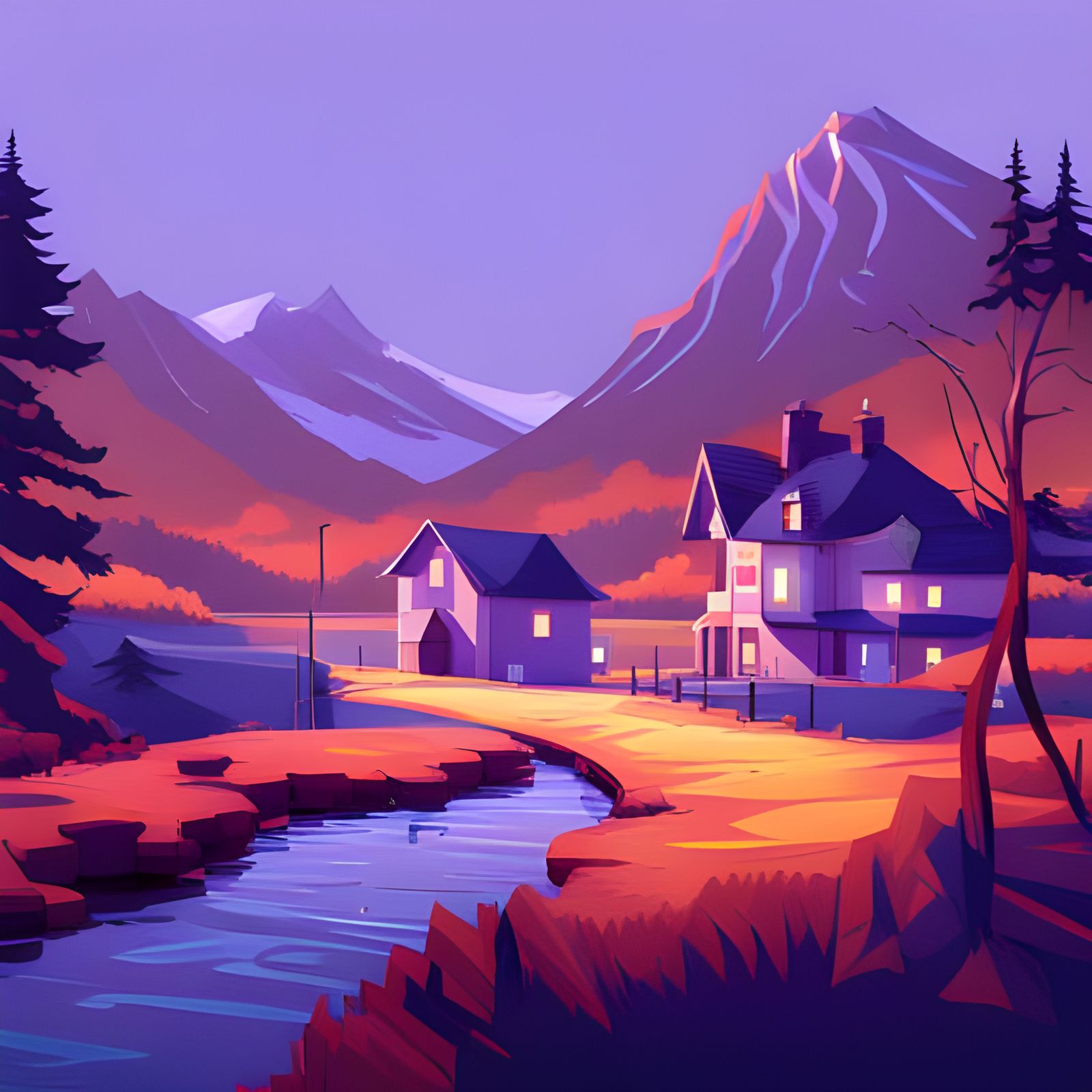 Majestic Countryside Village in Monochromatic Digital Art