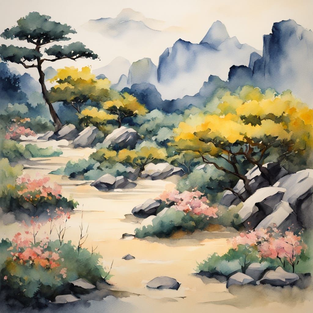 Serene Zen Garden in Impasto Gouache Style
