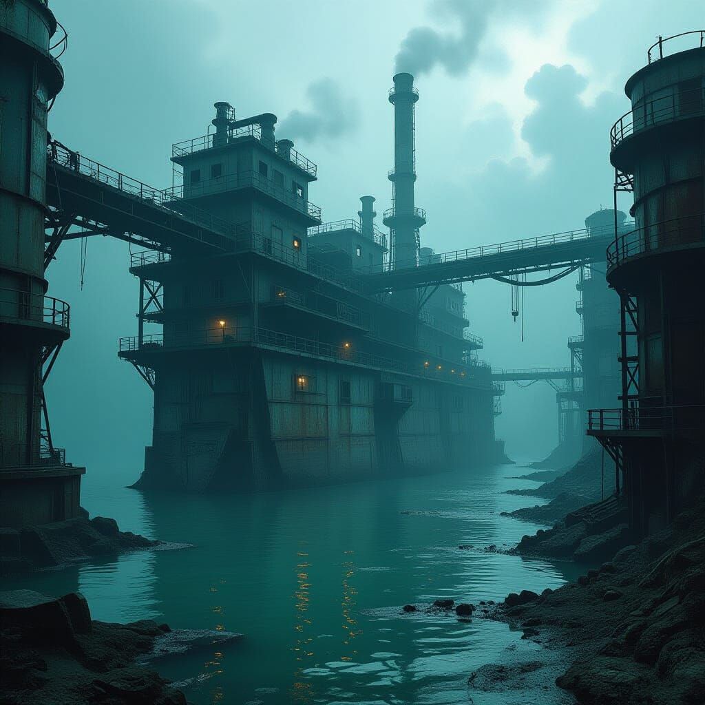 Derelict Factory Half-Submerged in Murky Sea