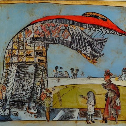 Diplodocus in Pizza Hat: Surrealist Collage