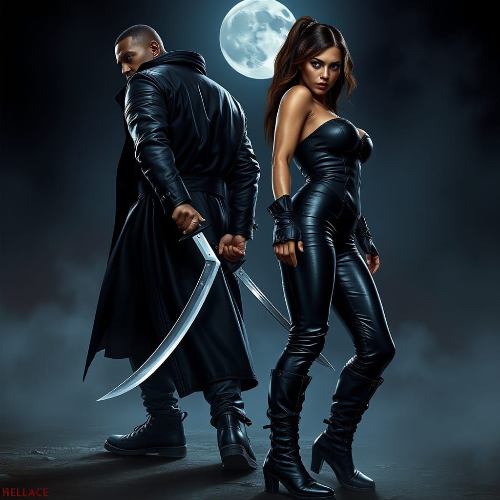 Hyperrealistic Portrait of Blade Sneaking Up on Selene in Da...