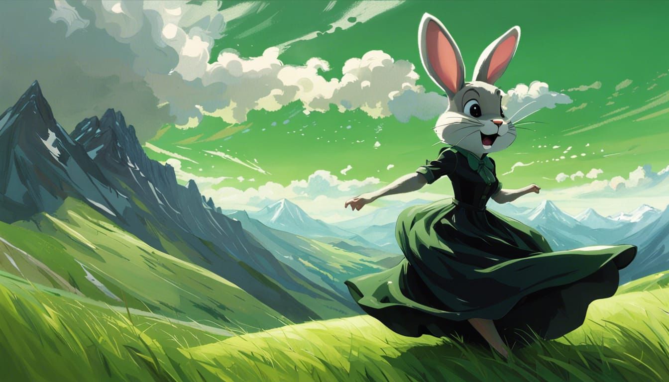 Anthropomorphic Bunny Dances on Hill, Digital Art