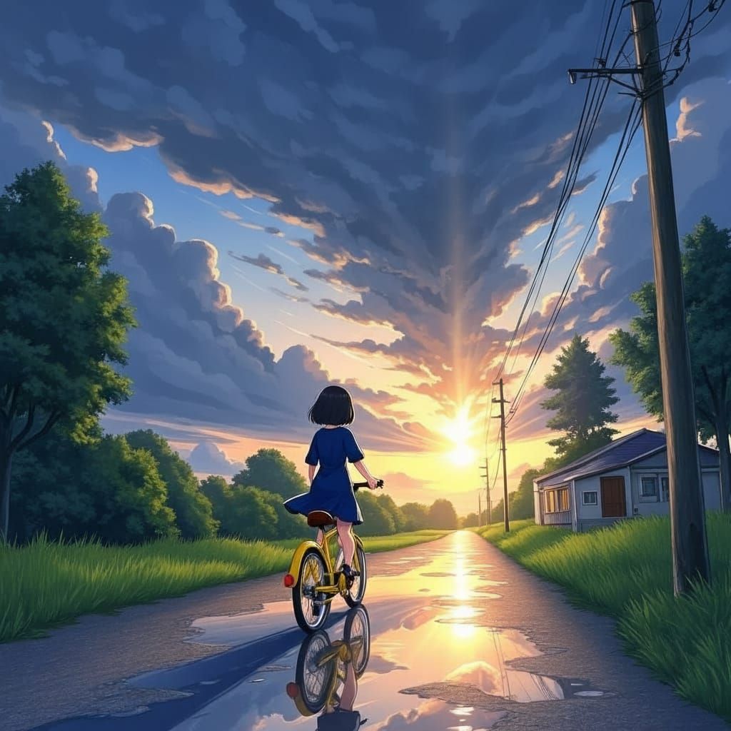 Girl Pushes Bike on Reflective Road After Storm, Anime Style
