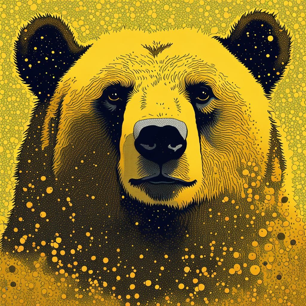 Pointillist Bear Drawing with Yellow Background