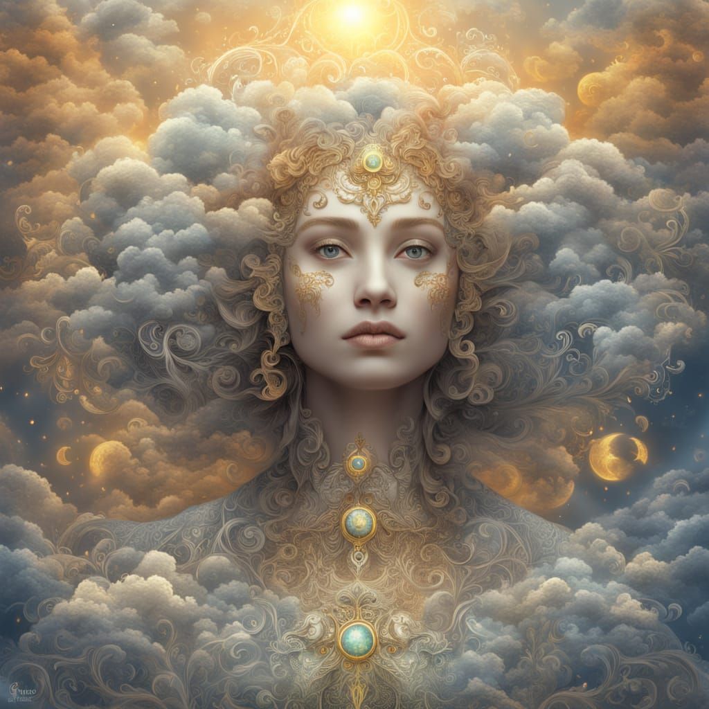 Mystical Biophilic Creature in Gown of Clouds