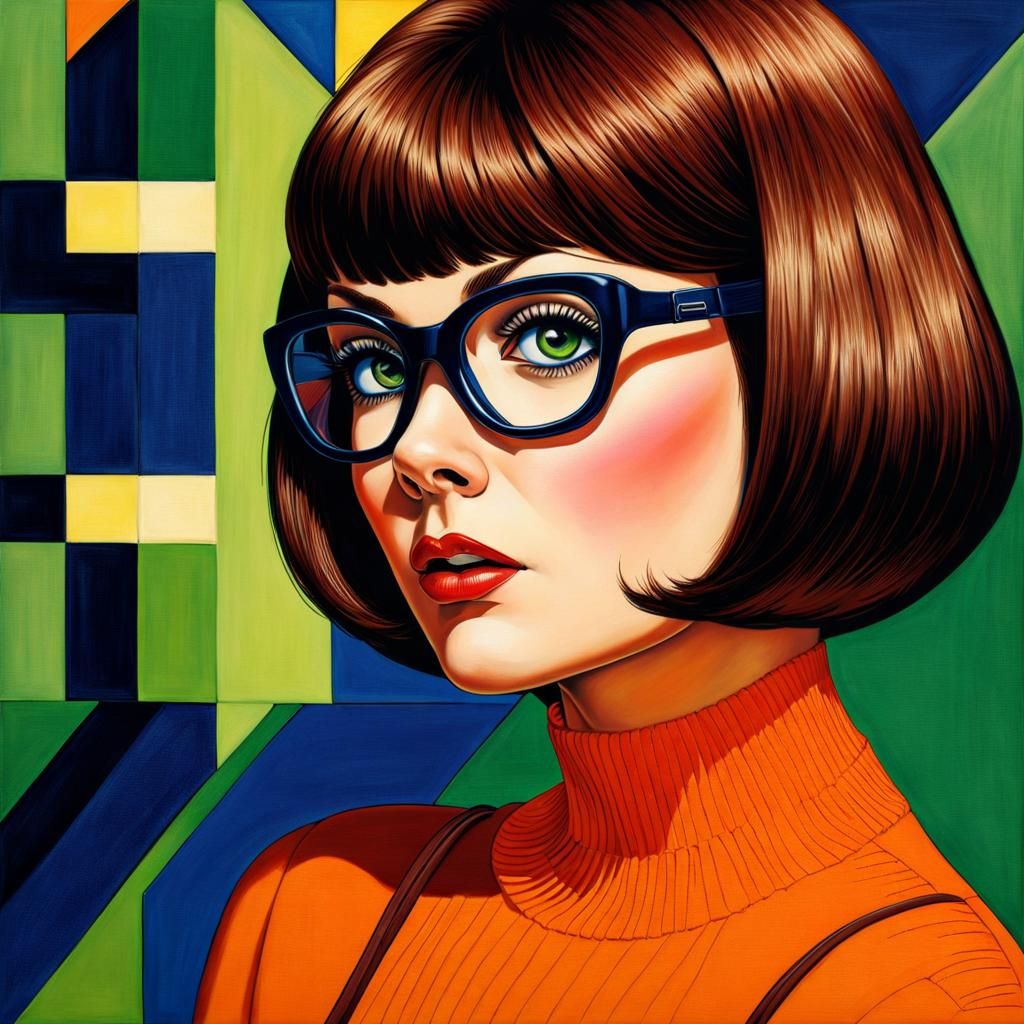 ((Velma Dinkley)) colourful . realistic lifelike highly accurate intricately detailed ultradetailed . green and navy blu...