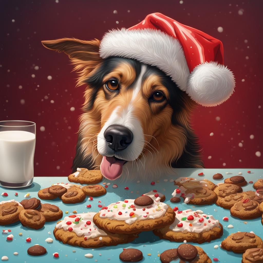 Dog in Santa Hat Sniffing Christmas Cookies