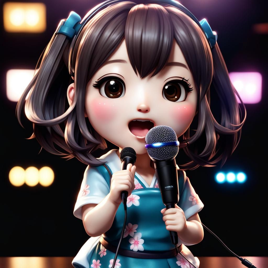 Hyper realistic Chibi Japanese girl singing Karaoke
