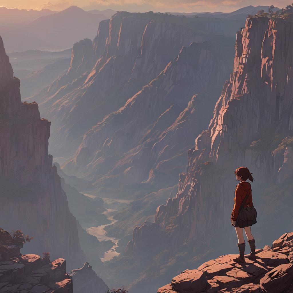 Anime Woman on Cliffside with Hopeful Lighting