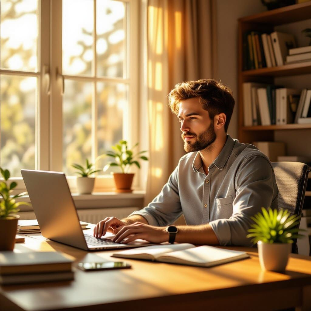 Young Man Building His Future in Sunlit Room