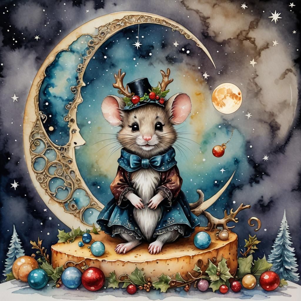 Victorian Mouse on Cheese Moon at Christmas