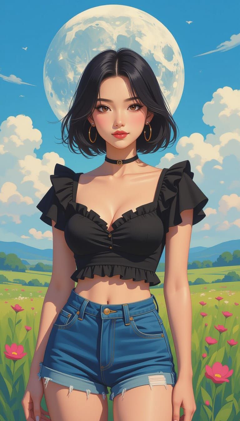 Dreamy Gouache Portrait with Moon Rabbit Theme