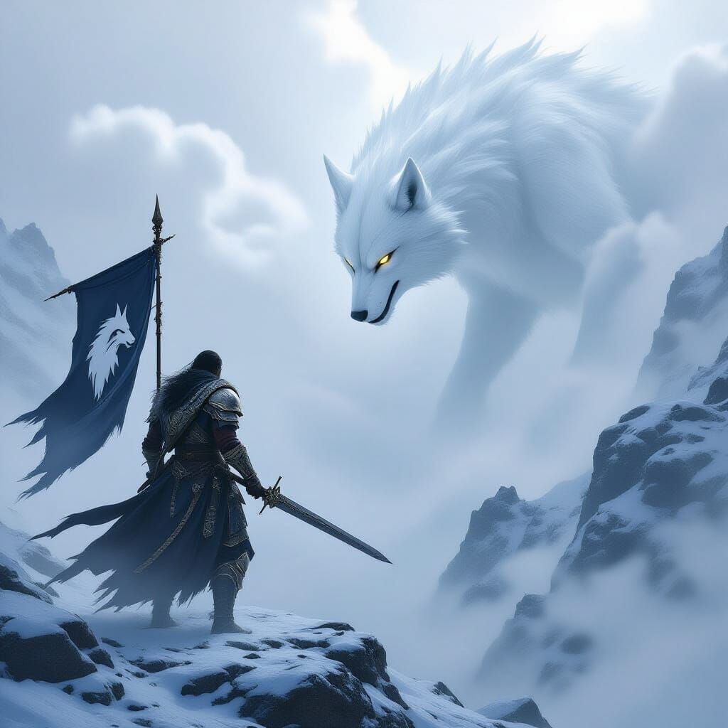 Heroic Warrior Confronts Dragon in Snowy Mountains