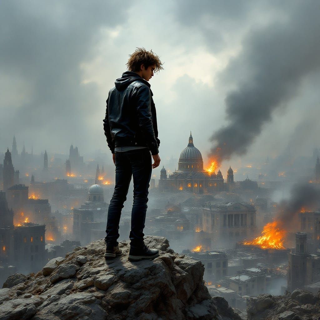 A Young Rebel Stands Tall Amidst a Ruined Cityscape in a Moo...