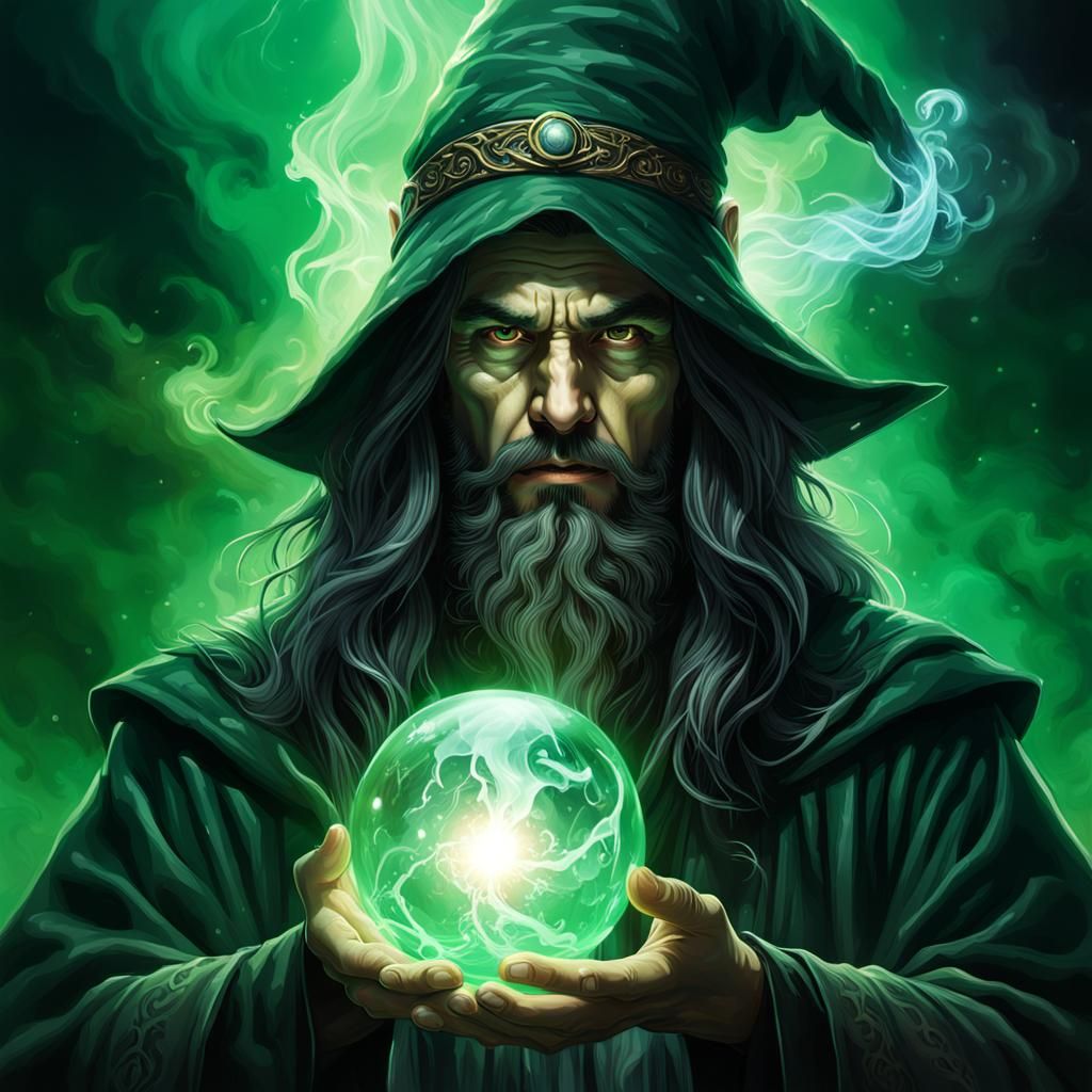 Green Wizard with Orb of Light: Hyperrealistic Splash Art