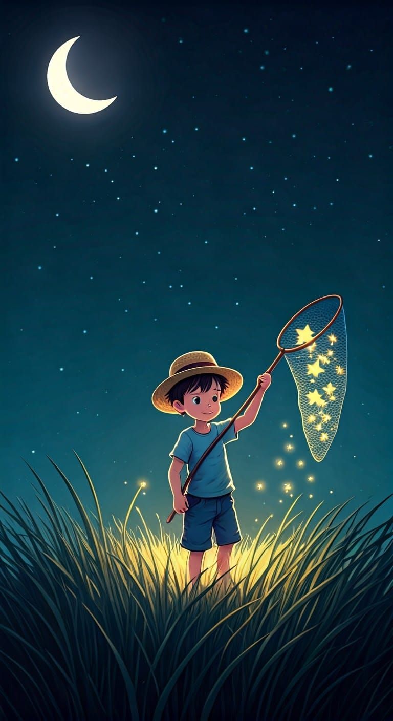 Boy Catches Stars: Dreamlike Fantasy Art