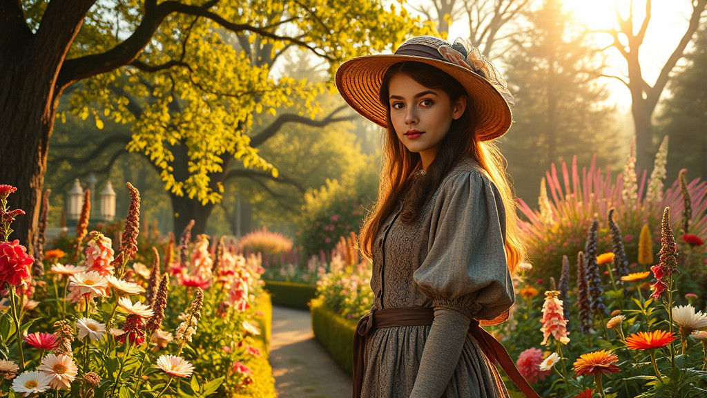 Victorian Woman in a Lush Hudson River Garden