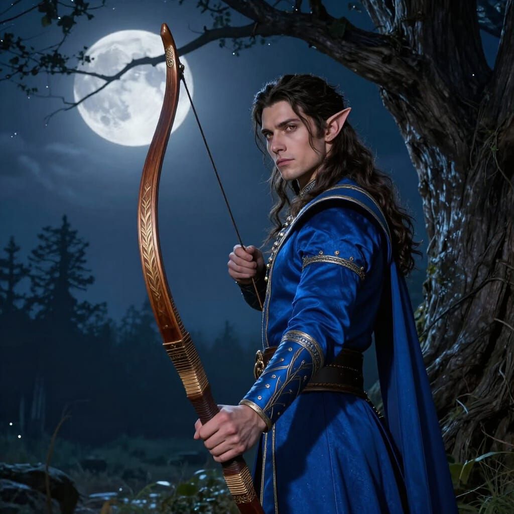 Warrior Elf in Moonlit Forest Fantasy Illustration
