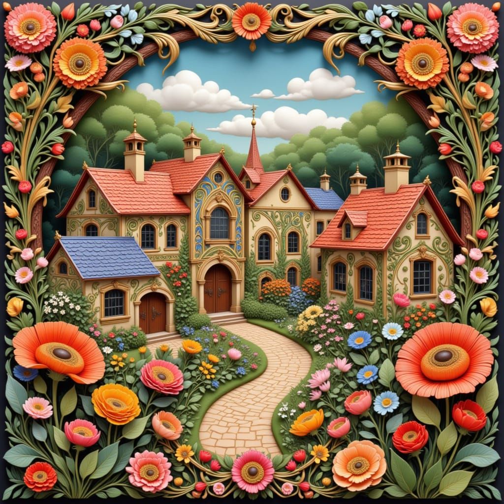 Charming Folk Art Nouveau Village Schoolyard