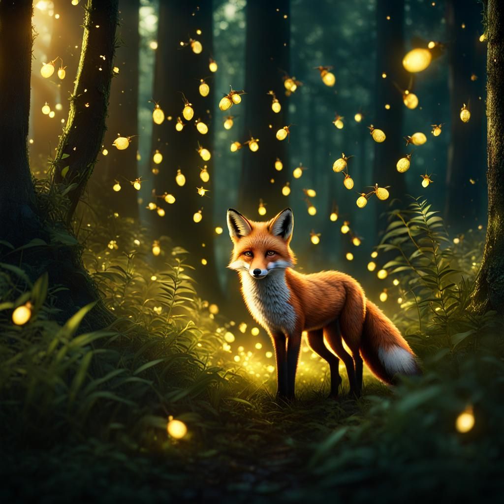 Fox in Firefly Forest: Cinematic Moody Scene