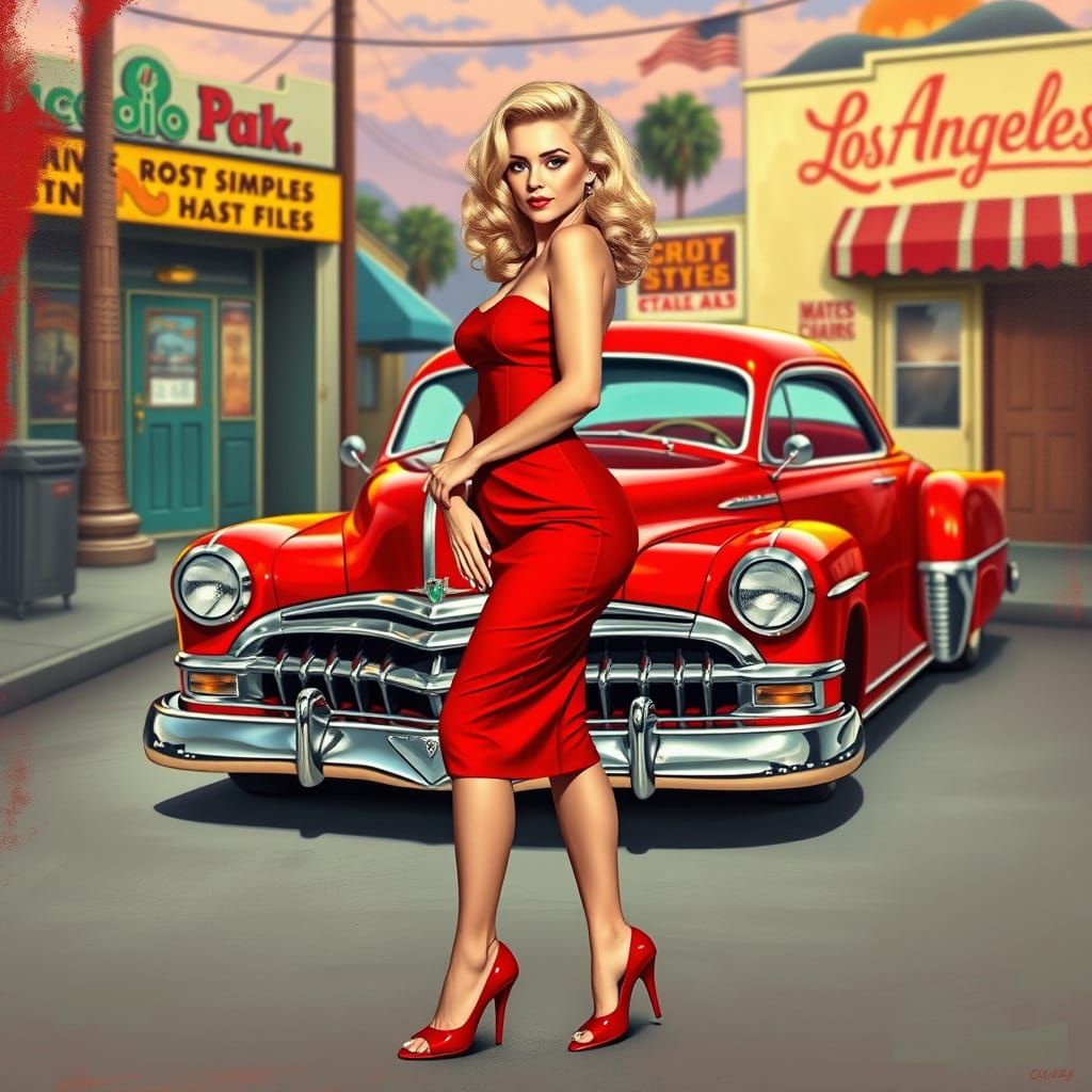 Vintage Pinup Goddess Admires Classic Hot Rod in LA