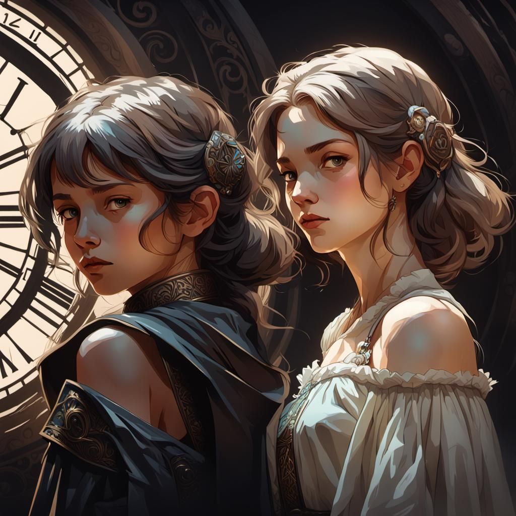 Silhouetted Figures with Hourglass, Art Nouveau Style