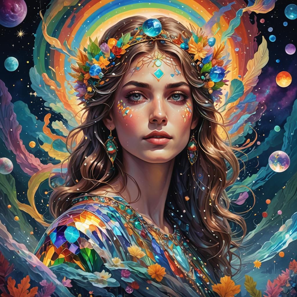 Fairy with Rainbow Wings on Crystal Mushroom