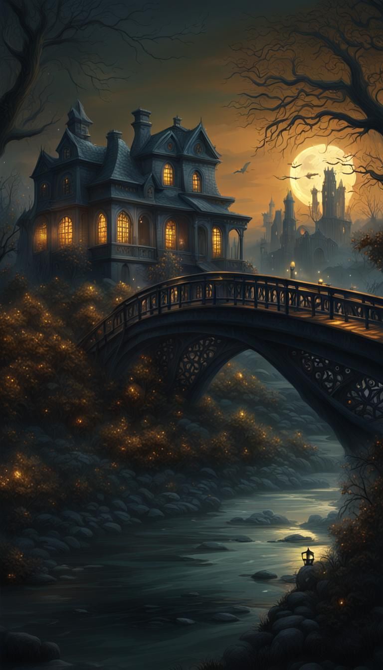 Haunted Forest Concept Art with Bridge and City