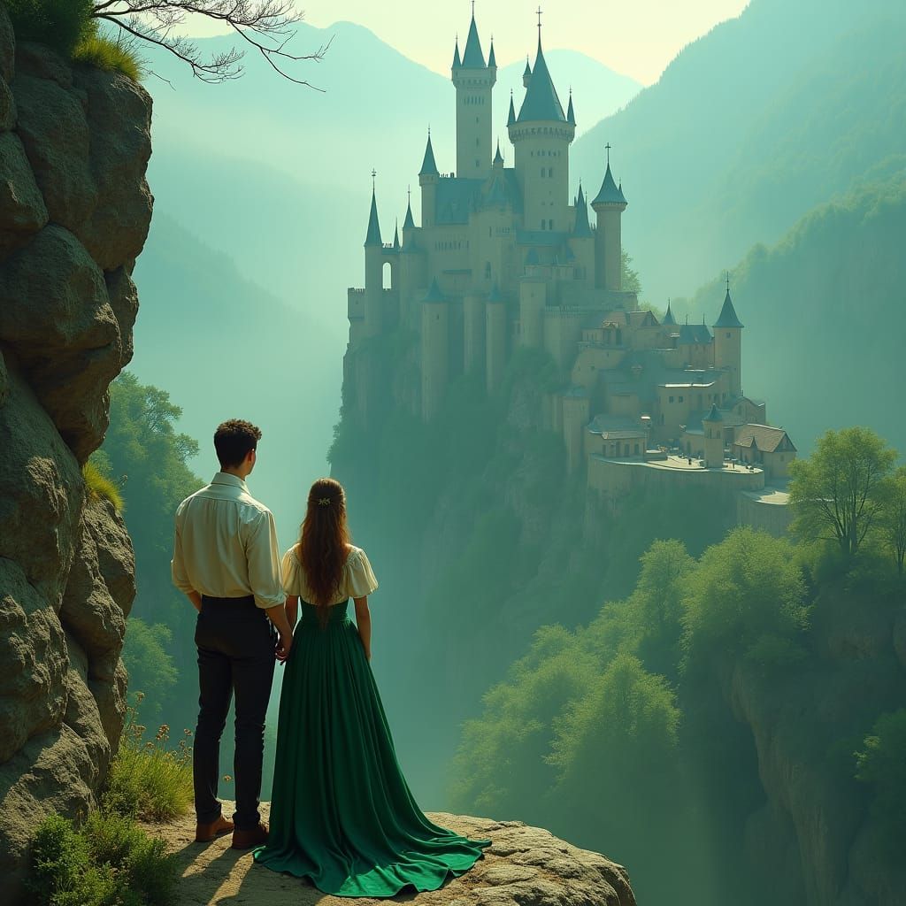 Couple Admiring Castle in Dreamy Landscape