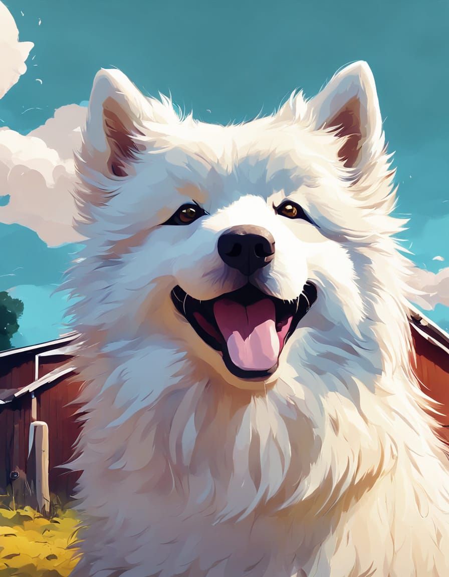 Vibrant Samoyed in Rural Backyard Masterpiece
