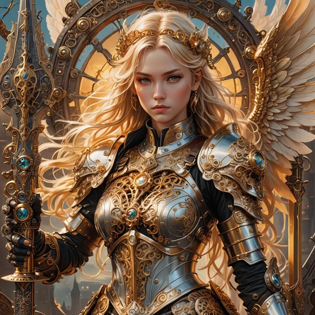 Steampunk Angel Warrior in Golden Hour Lighting
