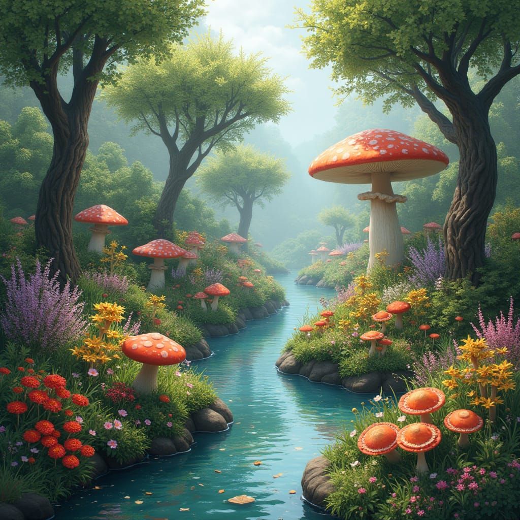 Flowers and Mushroom Trees in Orthographic View