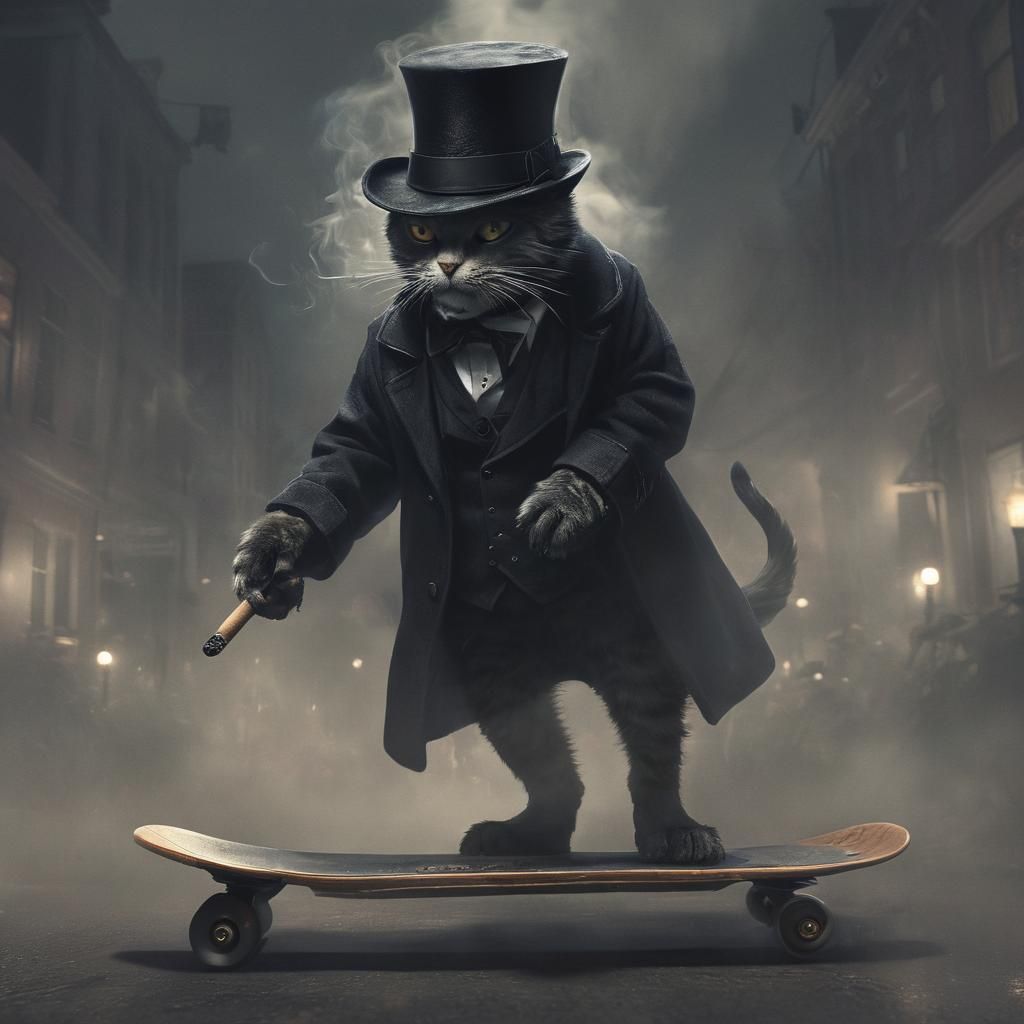 Mystical Cat Skateboarder in Dark Fantasy Style