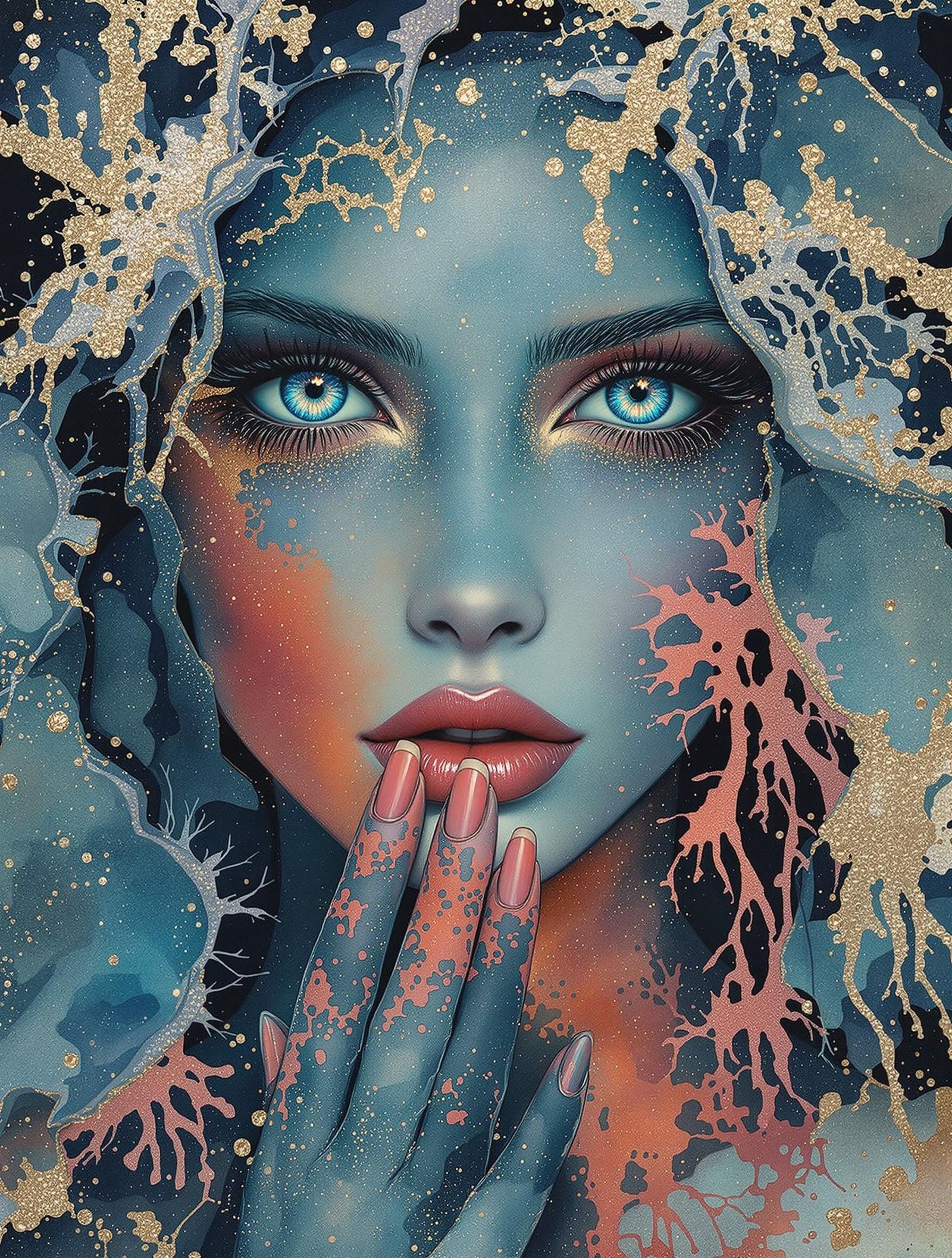 Surreal Goddess with Iridescent Skin and Coral Patina