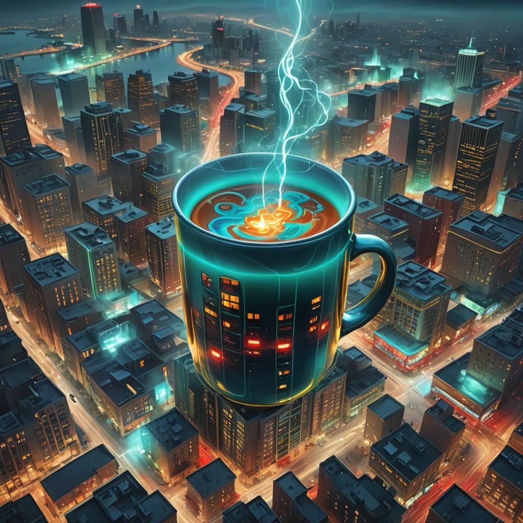 Surreal Coffee Mug Connected to City Lights
