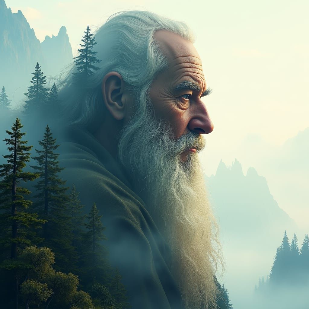 Wizard Merged with Dreamlike Fantasy Landscape